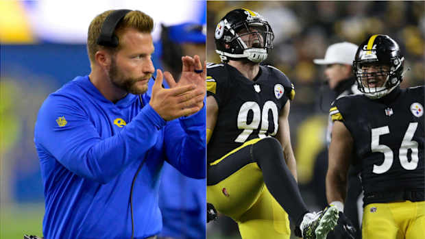 Los Angeles Rams coach Sean McVay and Pittsburgh Steelers pass-rushers T.J. Watt (90) and Alex Highsmith (56).